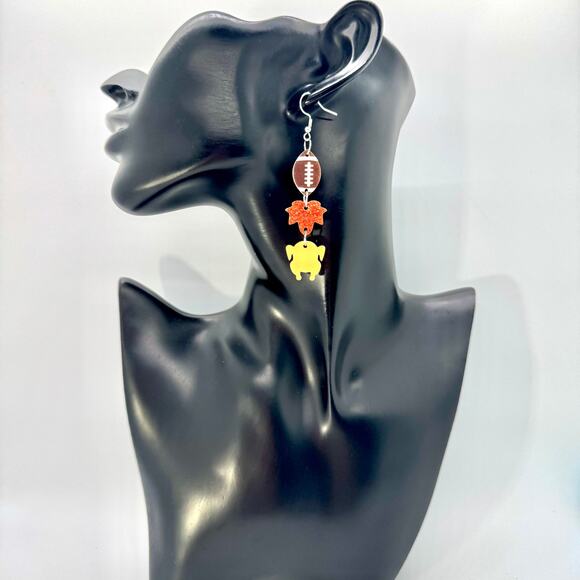 Fall Chain Earrings - Football Earrings - Turkey Earrings - Autumn Leaves Earrin - Picture 6 of 8